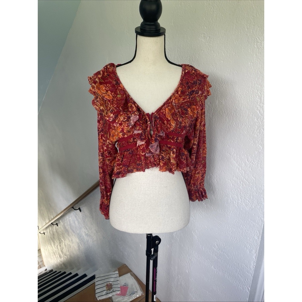 Free People Red Orange Floral Rudi Ruffle Cropped Long Sleeve Top - Picture 3 of 9